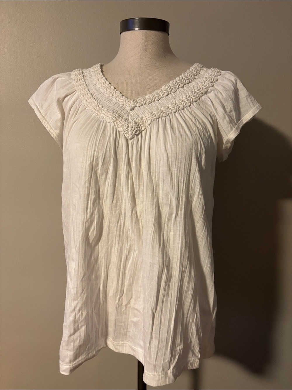 RXB Cream Crochet-Trim Short Sleeve V-Neck Top